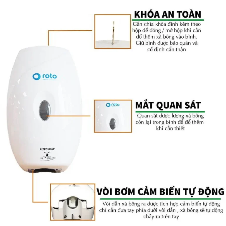 Cấu tạo bình xà bông cảm ứng Roto RT811: khoá an toàn, mặt quan sát, vòi bơm cảm biến