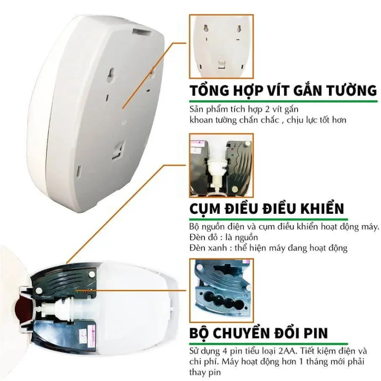Khoang pin và cụm điều khiển bên trong bình xà bông cảm ứng Roto RT811