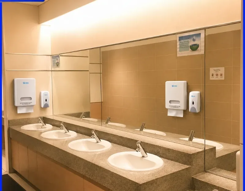 Bình đựng xà bông Roto và hộp giấy lau tay gắn tường cạnh dãy lavabo trong nhà vệ sinh